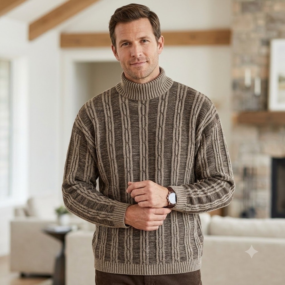 Vintage Koman Sport Mens XXL Brown Tan Vertical Cable Knit Mock Neck Sweater 90s